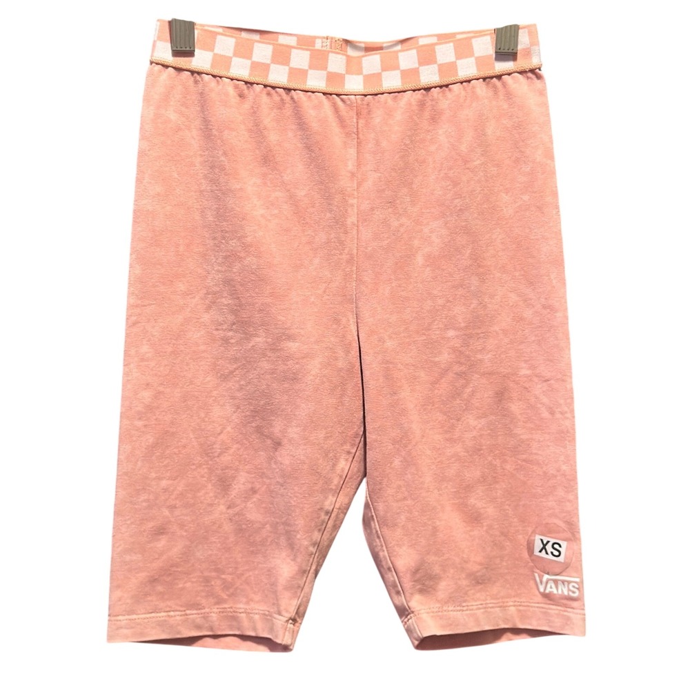 Vans Womens XS Pink Acid Wash Bike Shorts Checkerboard Waistband Logo Athletic